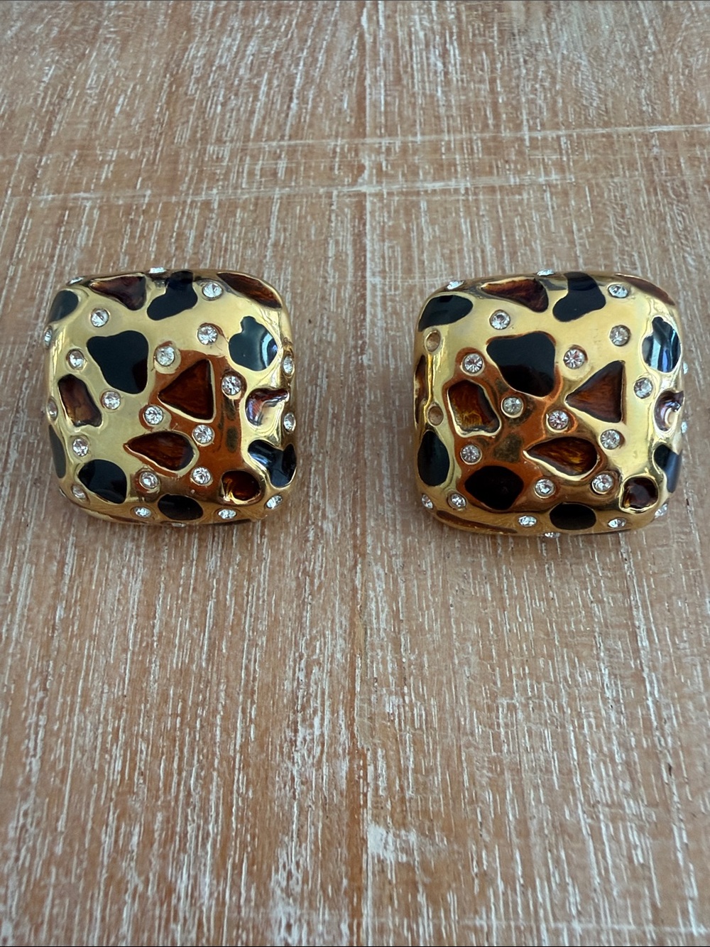 1980’s Ciner Fab Gold-Tone Leopard Enamel Clip-On Earrings with Clear Crystals